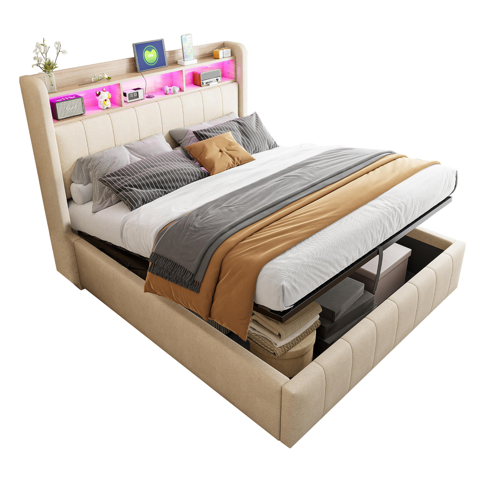 POLSTERBETT aus Leinenstoff 140x200 cm Beige mit LED-Beleuchtung, USB-C/USB-Anschluss und hydraulischem Stauraum - Beige, Textil (140/200cm) - Modfu