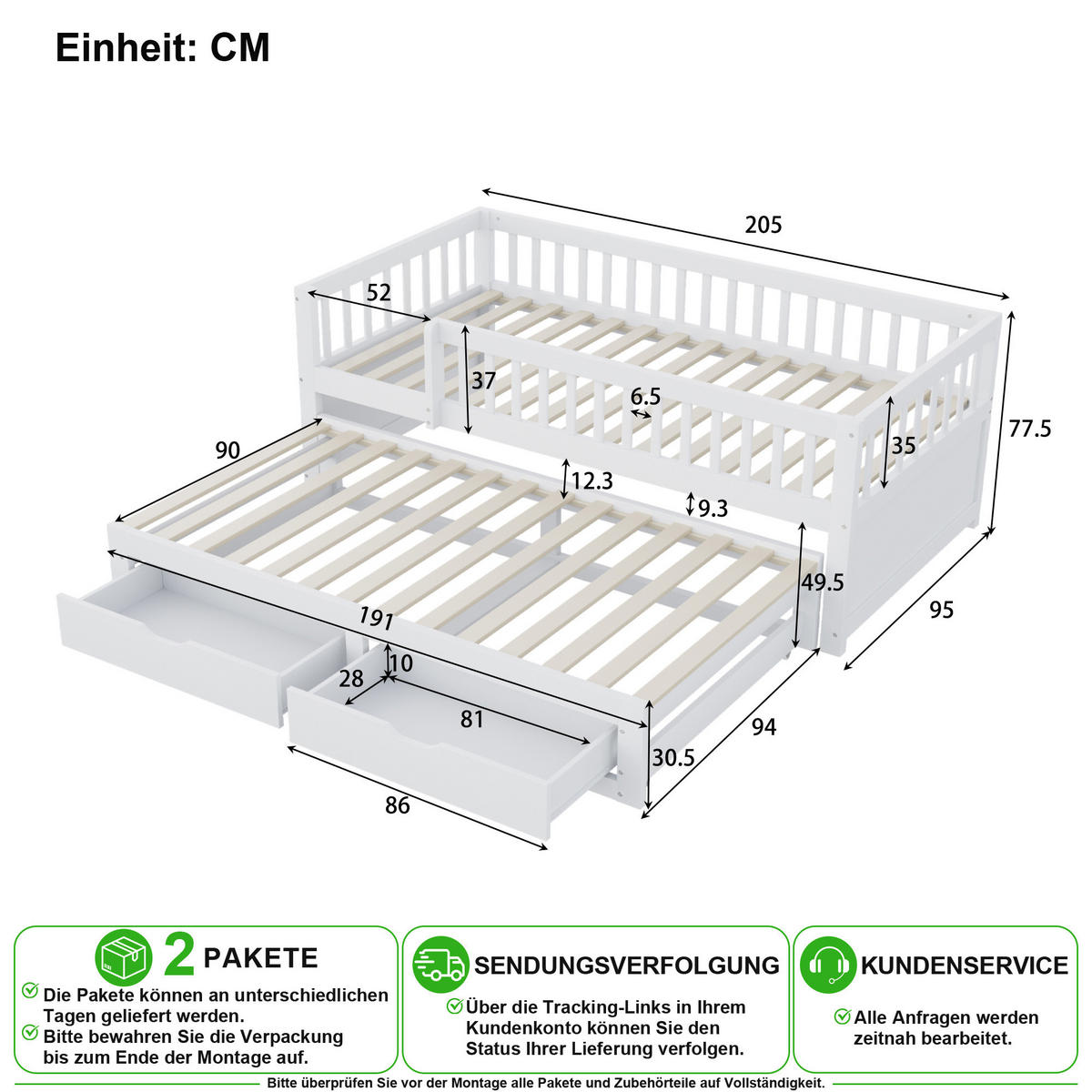 SCHLAFSOFA 90/200 cm in Weiß mit Ausziehbett, 2 Schubladen und Sicherheitsgitter - Weiß, Holz/Holzwerkstoff (90/200cm) - CHICFURN