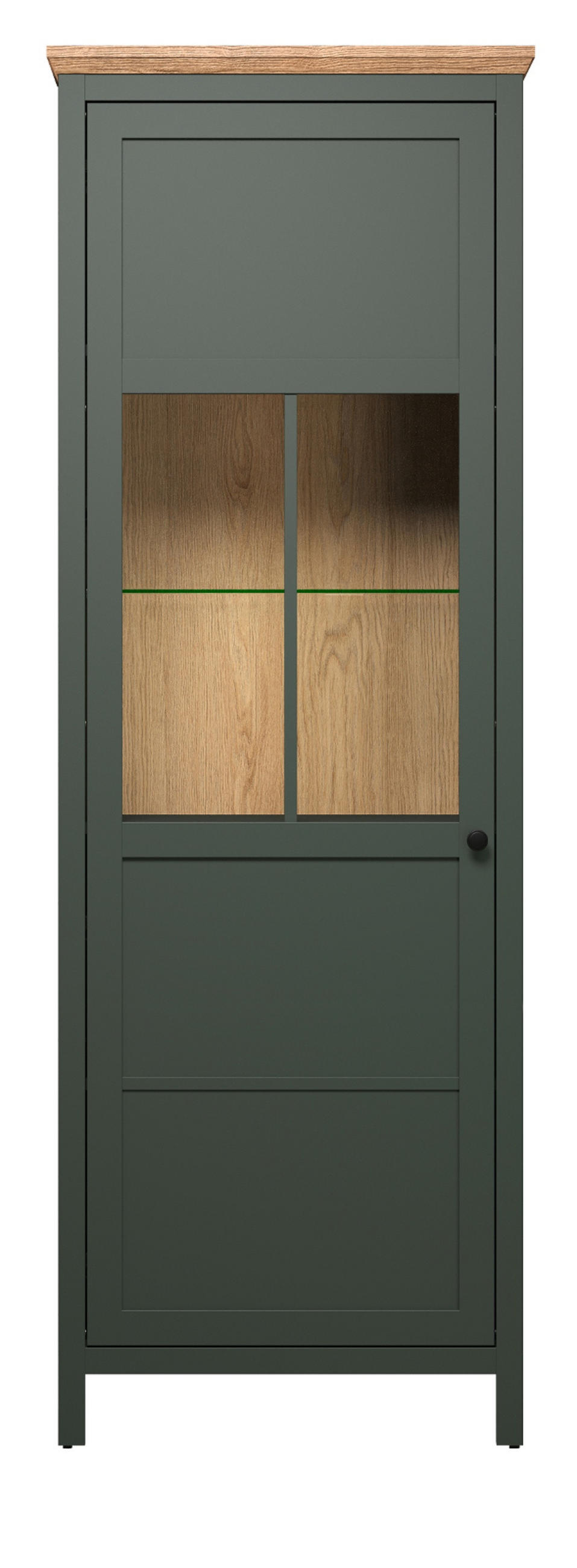 VITRINE grün, Evoke Eiche Landhaus 69 x 198 cm, Vitrinenschrank inklusive LED Beleuchtung - Eichefarben/Schwarz, Glas/Holzwerkstoff (69/198/39cm) - Top.Furn