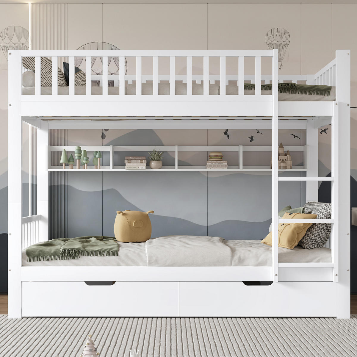 BETT Etagenbett mit Leiter und Stauraum Weiß 90x200 cm - Weiß, Holz (90/200cm) - ComfortXL