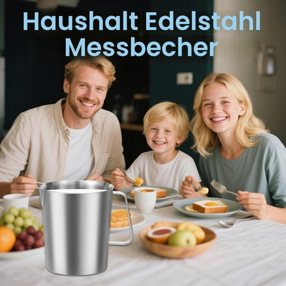 MESSBECHER Edelstahl 500ml mit Tropffreiem Ausguss und Feinskala - Silberfarben, Metall (0.5L)