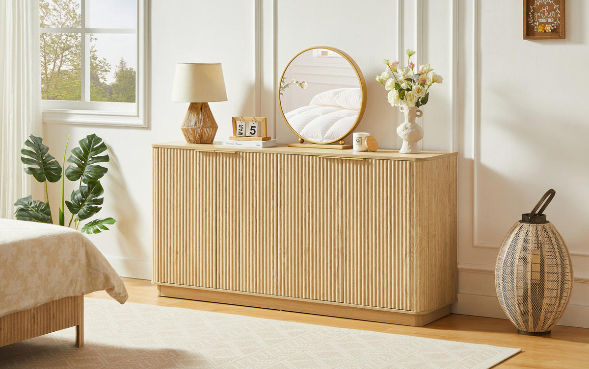 SIDEBOARD 160/40/80 cm in Eiche-Optik mit 4 Türen & wellenförmiger Front - Eichefarben, Holzwerkstoff (160/80/40cm) - BEAOK