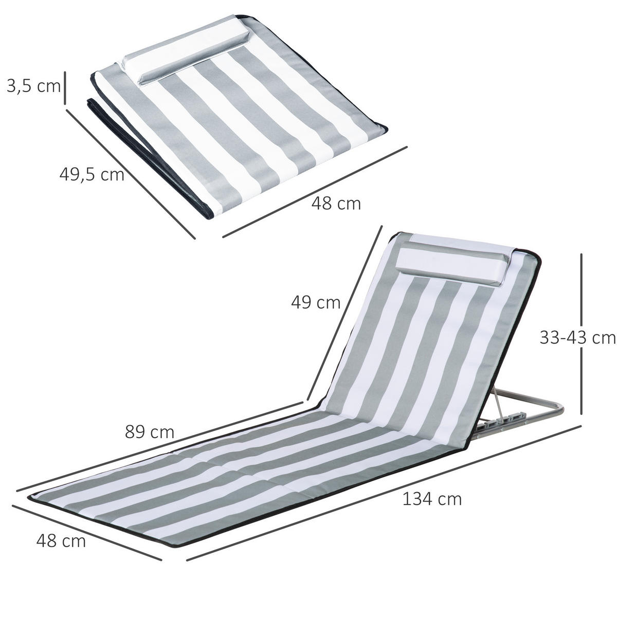 SONNENLIEGE klappbar Gartenliege mit Kopfkissen Liegestuhl mit 5-Fach verstellbare Rückenlehne Tragetasche Hellgrau - Hellgrau, Metall (134/43/48cm)