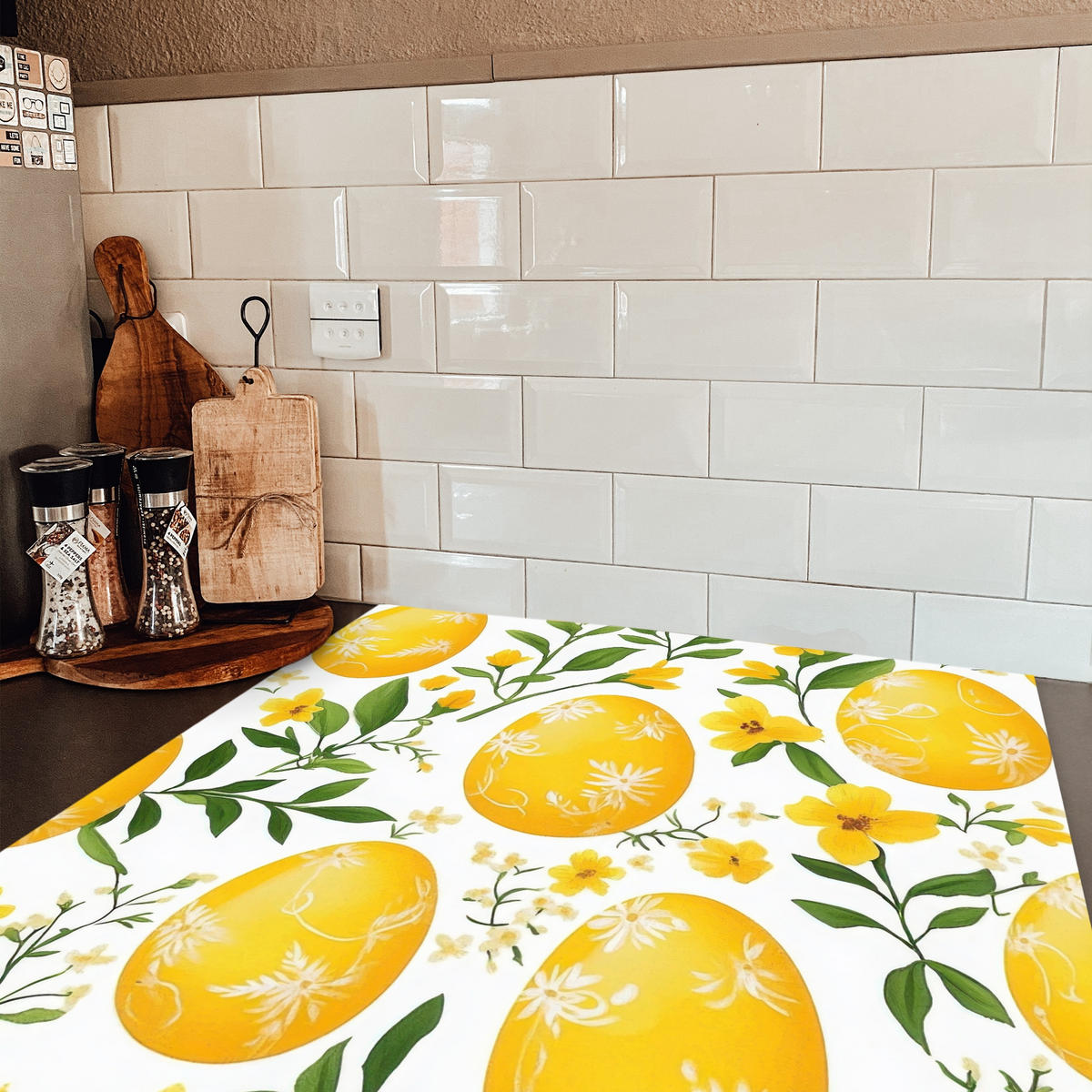 HERDABDECKPLATTE Blumen - Ostereier - Gelb Induktionsmatte 78x78 cm - Gelb, Kunststoff (78/78/0.2cm) - MuchoWow