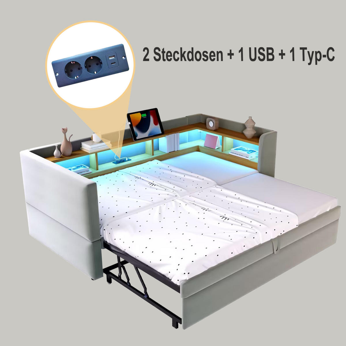 POLSTERBETT 90/180 cm hellgrau aus Flanell mit LED-Beleuchtung und Steckdosen - Hellgrau, Textil (90/190cm) - OKMYHOME