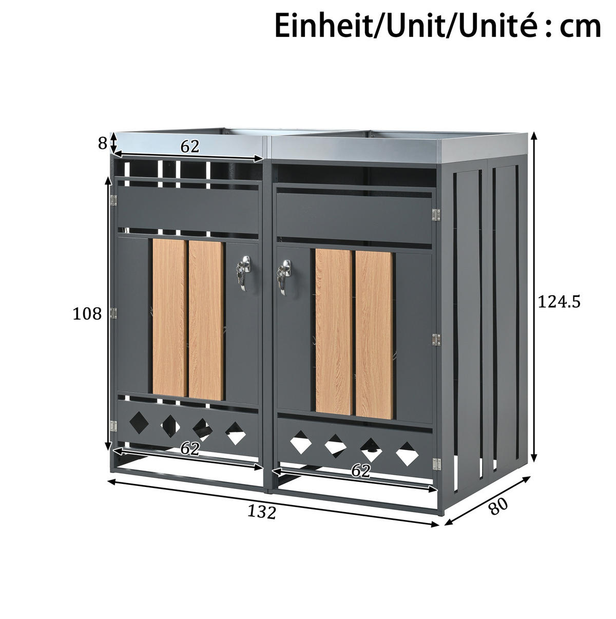 MÜLLTONNENBOX aus Stahl in Grau/Holzoptik mit Pflanzkasten & abschließbaren Türen 132x80x124,5 cm - Grau, Metall (132/124.5/80cm) - Modfu