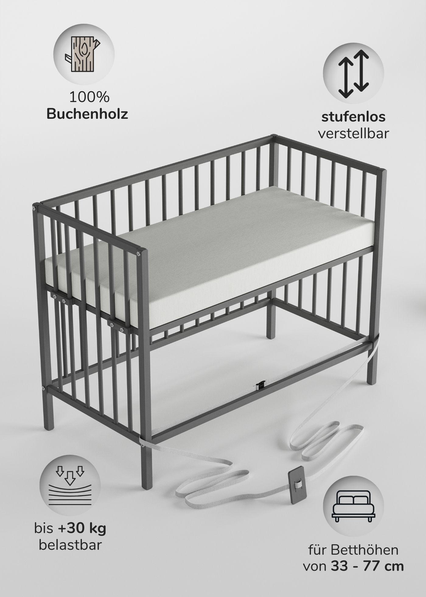 BEISTELLBETT Matratze SleepPlus, Rollen & Umbauseite - grau - Dreamy 4 in 1 Bett - Grau, Holz (120/90/60cm) - Sämann – make a difference.