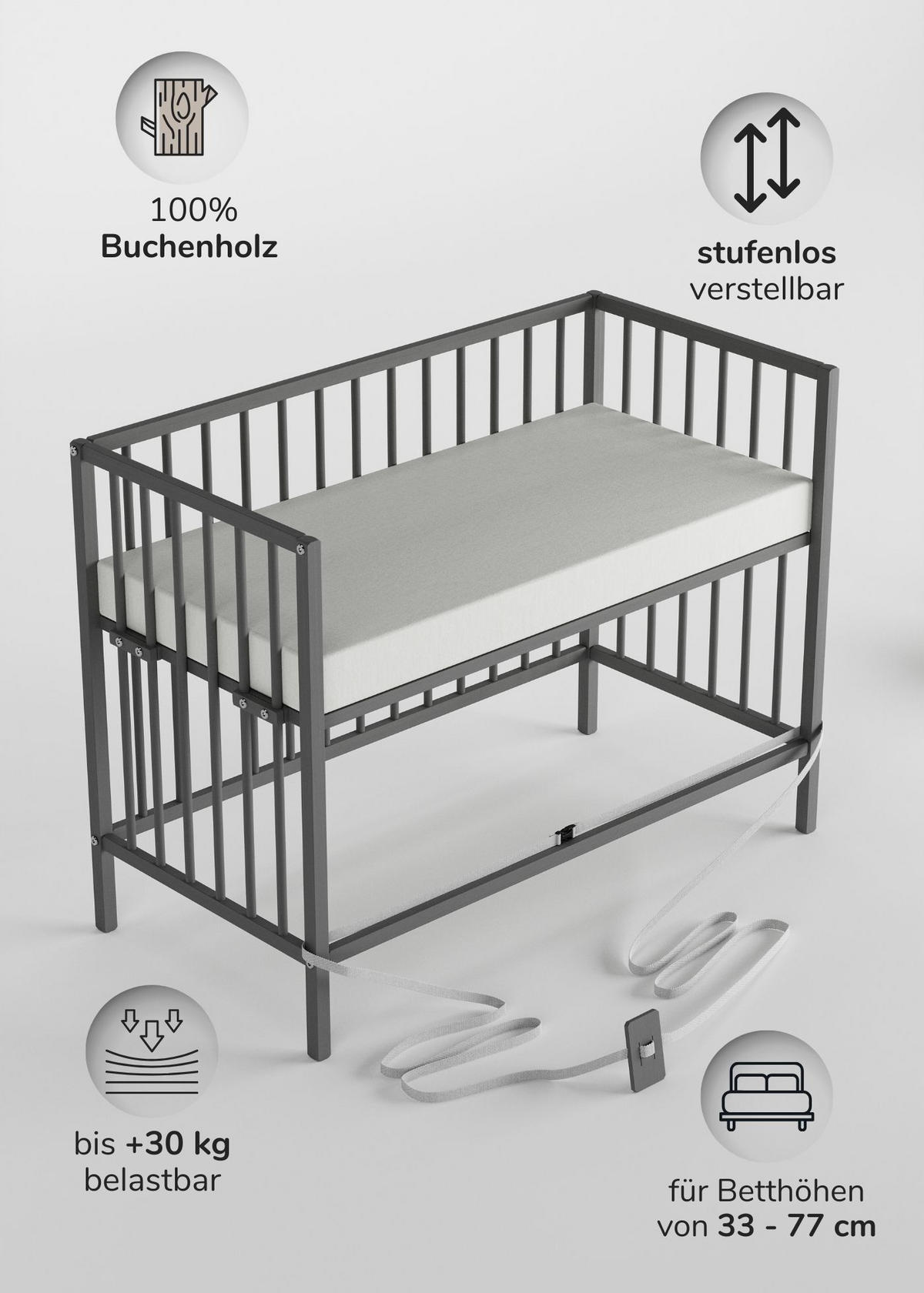 BEISTELLBETT Matratze SleepPlus, Rollen & Umbauseite - grau - Dreamy 4 in 1 Bett - Grau, Holz (120/90/60cm) - Sämann – make a difference.