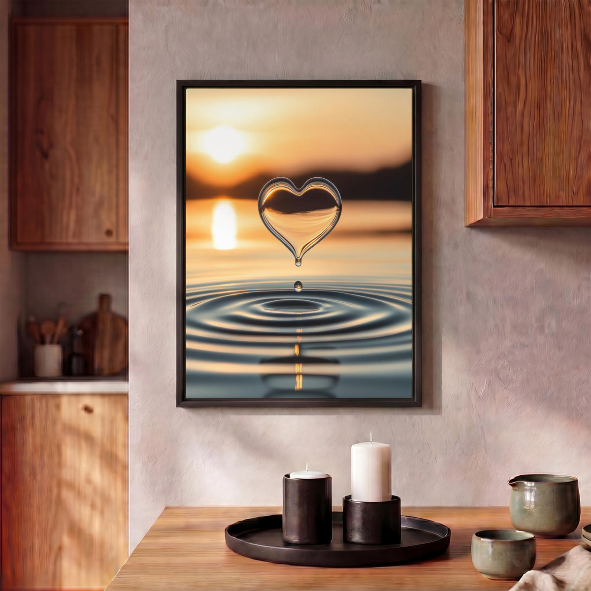 LEINWAND Bilder mit Rahmen - Herz - Wasser - Sonnenuntergang - Natur - Zen - 30x40 - Bernsteinfarben, Textil (30/40cm) - MuchoWow