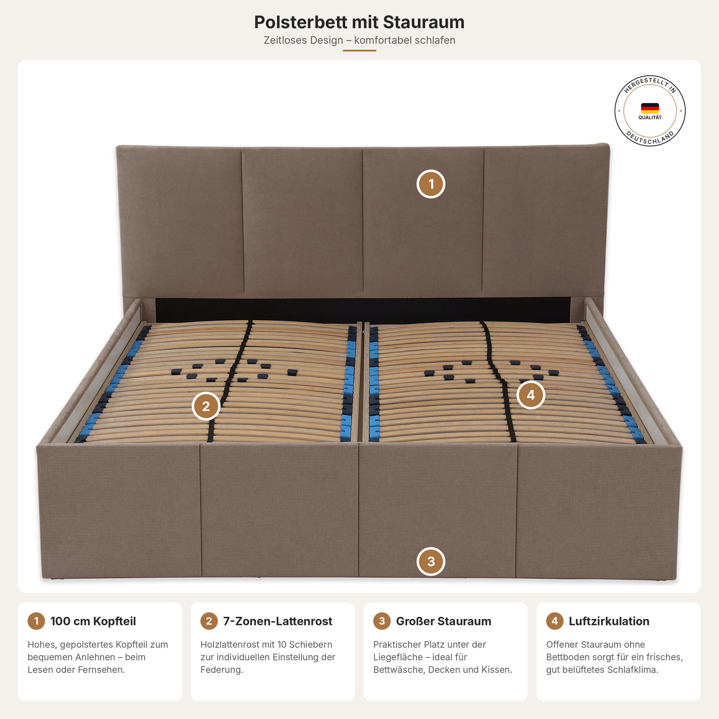 POLSTERBETT Dalas Sahara 180 x 200 x 40 cm Stauraum Mit hochwertiger Matratze H2 (bis 100 kg) und Lattenrost - Sahara, Holz (180/200cm) - Halmon Schlafkomfort Betten 