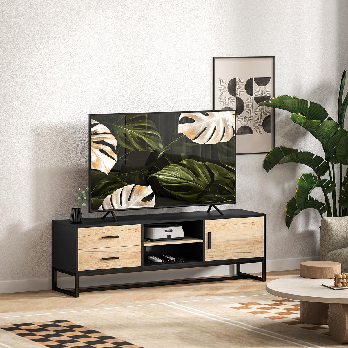 TV Schrank TV Board mit Schrankfach, Schubladen, 2 offenen Fächern Schwarz - Schwarz, Holzwerkstoff (35/45/140cm) - HOMCOM