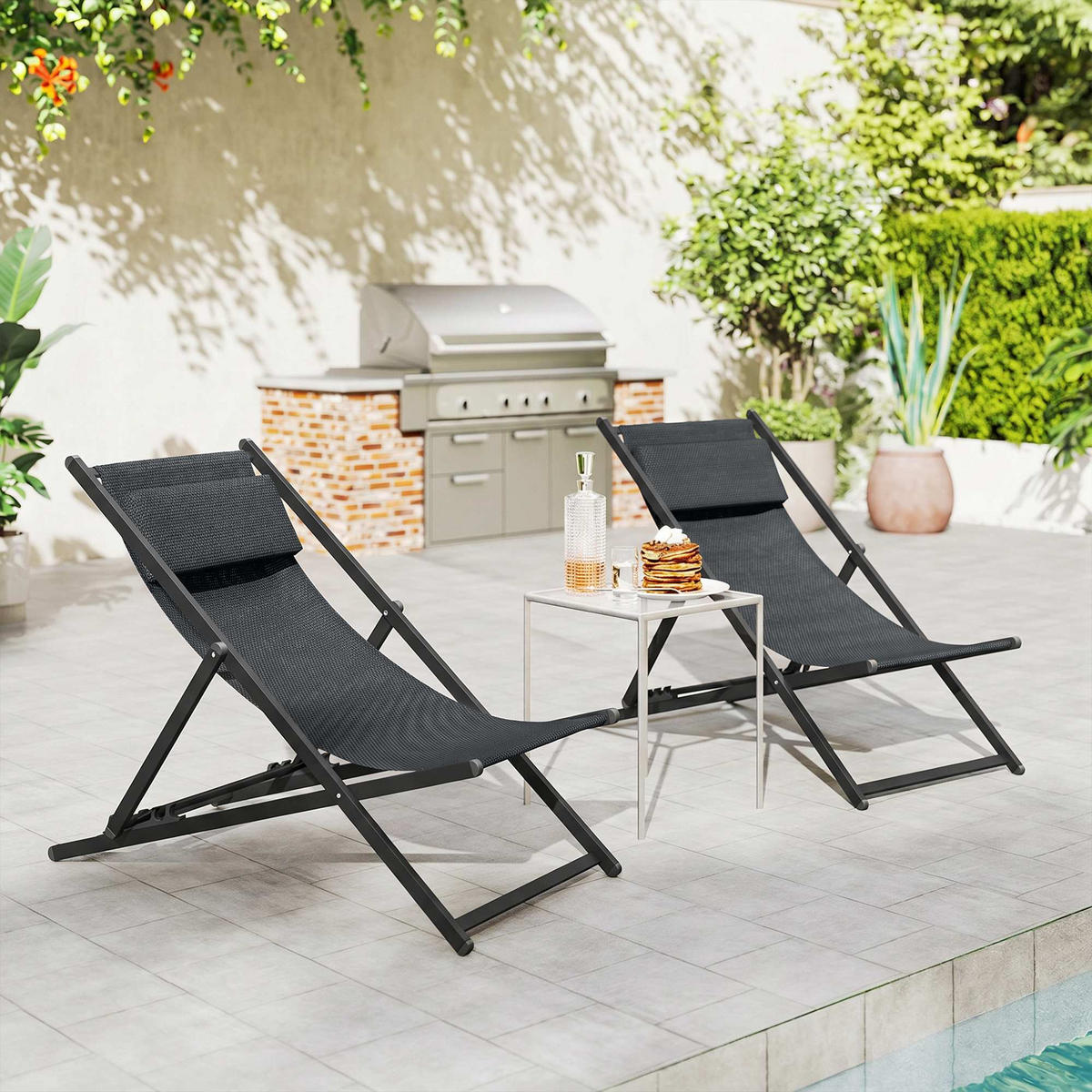 SONNENLIEGE 2er-Set DE-15639 klappbar, 5-fach verstellbar mit Kopfkissen Dunkelgrau - Dunkelgrau, Metall (60/85/100cm) - ComfortXL