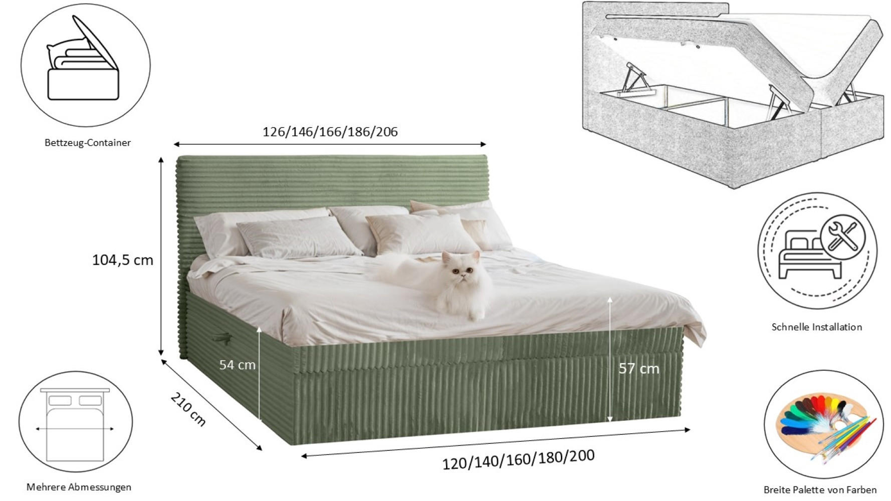 Thumbnail - Kaiser Möbel Boxbett, Olivgrün, Textil, H2, Höhe ca. 20 cm, 120x200 cm, Schlafzimmer, Betten, Boxspringbetten