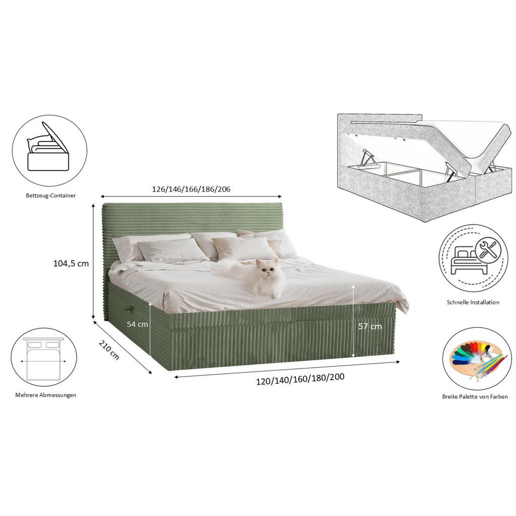 Thumbnail - Kaiser Möbel Boxbett, Olivgrün, Textil, H3, Höhe ca. 20 cm, 140x200 cm, Schlafzimmer, Betten, Boxspringbetten