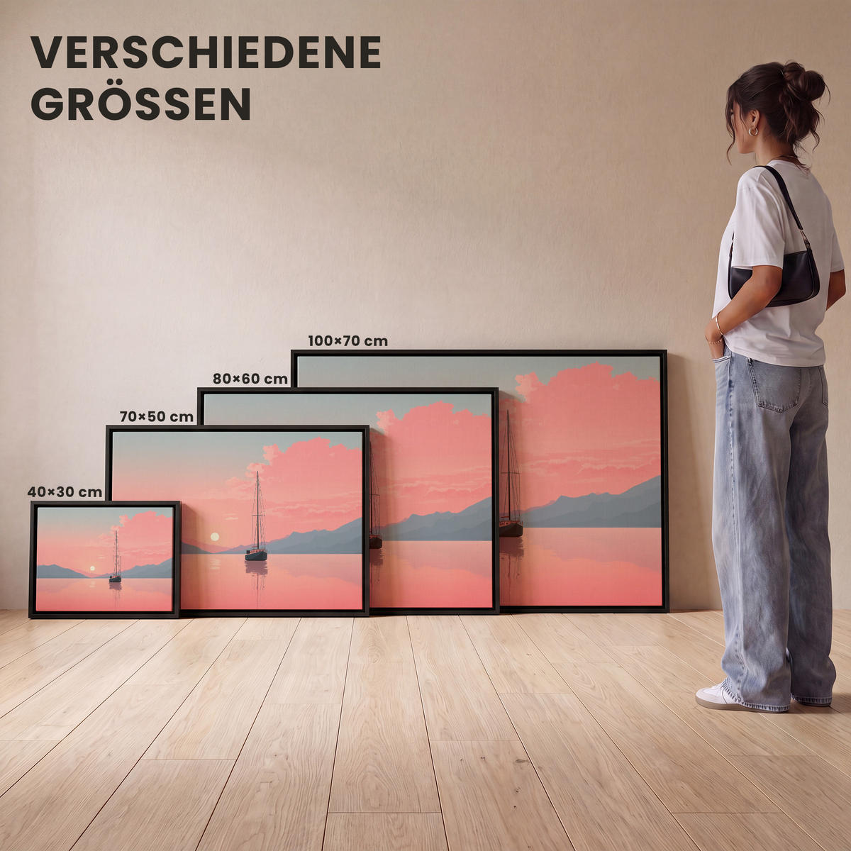 LEINWAND Bilder mit Rahmen - Segelboot - Rosa Meer - Sonnenuntergang - Berge - 80x60 - Rosa, Textil (80/60cm) - MuchoWow