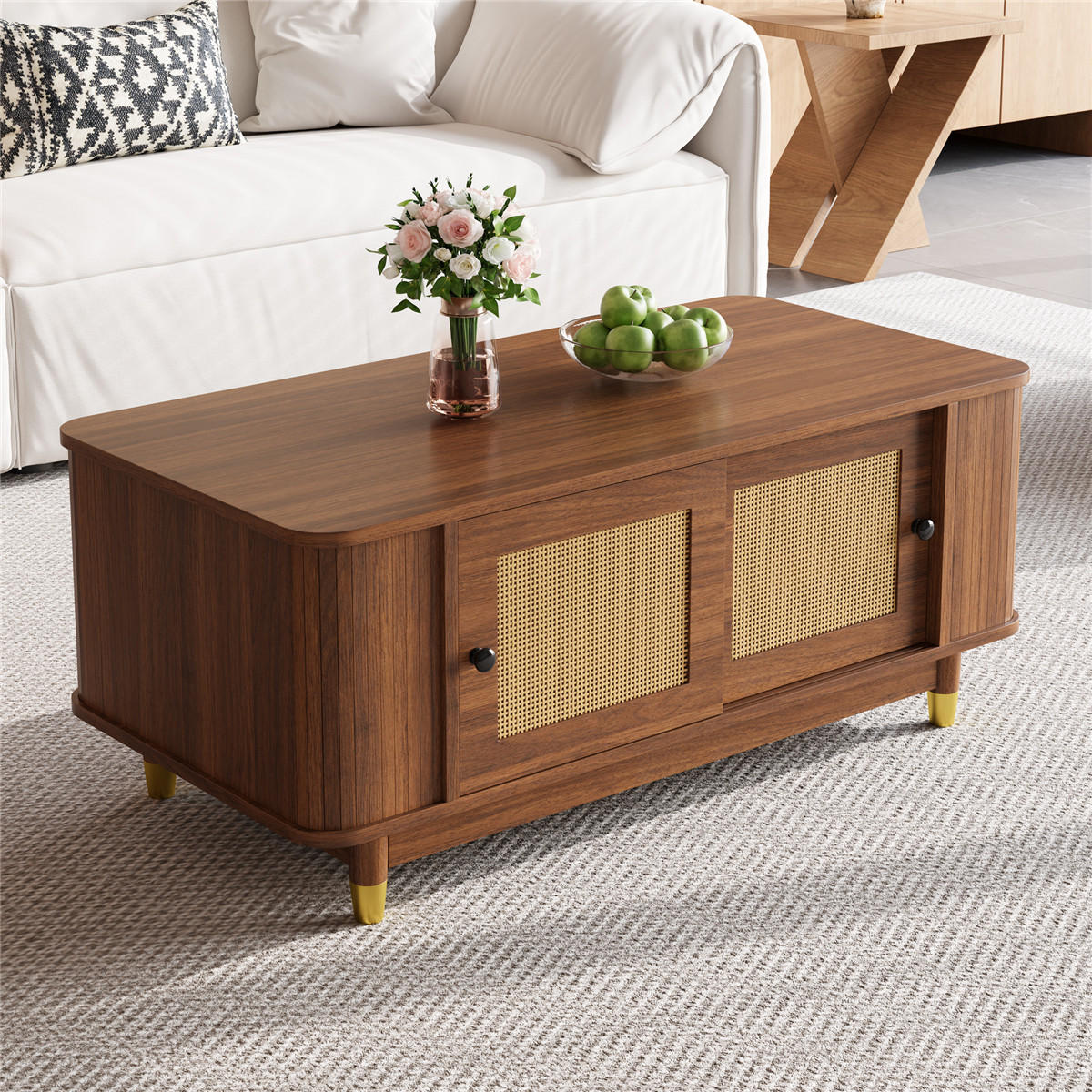 COUCHTISCH Rattan 100/50/42 Schiebetüren MDF Stauraum - Braun, Holz (50/100/42cm) - Bomclap