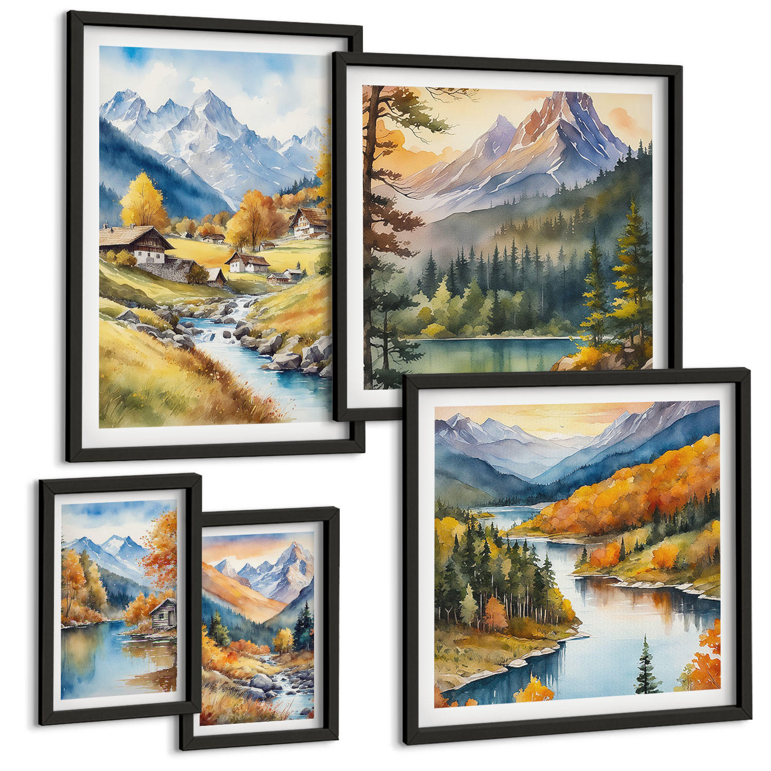 BILDER SET 5er Set - 50x50 cm & 20x30 cm & 40x60 cm Schwarzer Rahmen - Bergblick, Fluss, Herbst - Schwarz, Kunststoff (40/60cm) - TULUP