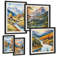 BILDER SET 5er Set - 50x50 cm & 20x30 cm & 40x60 cm Schwarzer Rahmen - Bergblick, Fluss, Herbst - Schwarz, Kunststoff (40/60cm) - TULUP