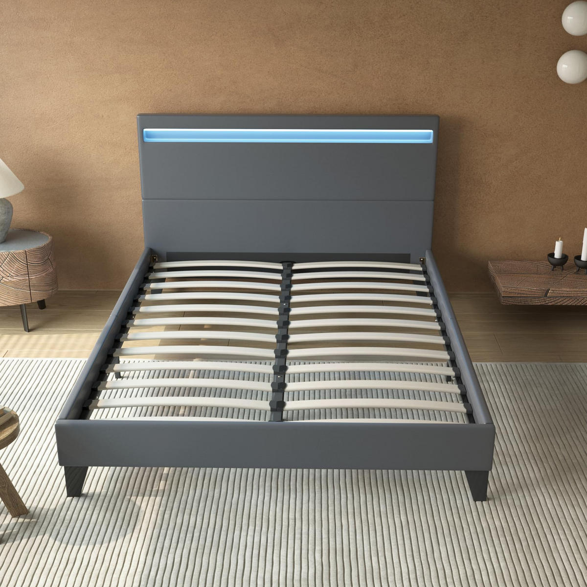 BETT 160x200 cm mit Kopfteil aus grauem Kunstleder - Grau, Naturmaterialien (160/200cm) - November Sleep
