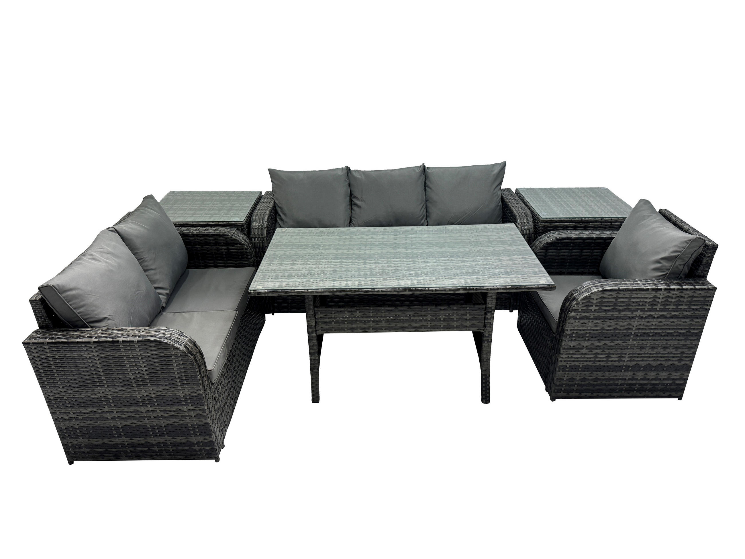 GARTENTISCHGRUPPE mit Liegestuhl,Beistelltischen Polyrattan 6-Sitzer - Dunkelgrau/Grau, Glas/Kunststoff - Fimous