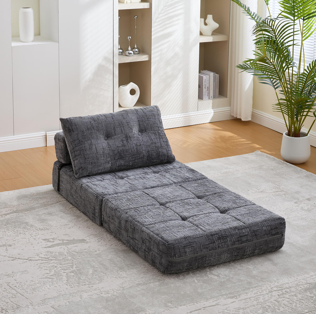 ROZKLÁDACÍ pohovka šedá z žinylky s opěrkou hlavy a bederním polštářem - šedá, textil (79/57/79cm) - OKWISH