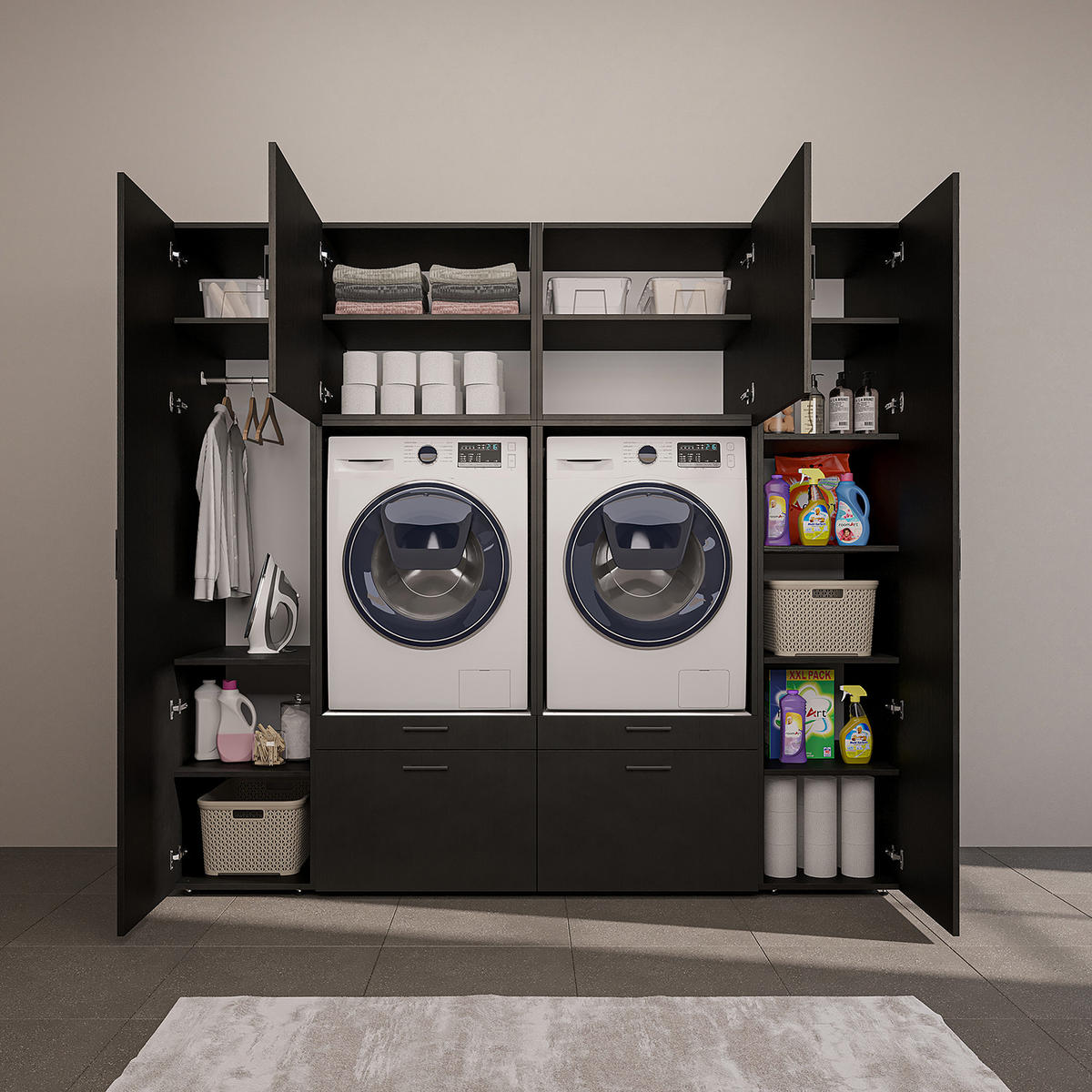 WASCHMASCHINENSCHRANK Serie 2 224cm Breit, 205cm Hoch - Schwarz, Holzwerkstoff (224/205/67cm)