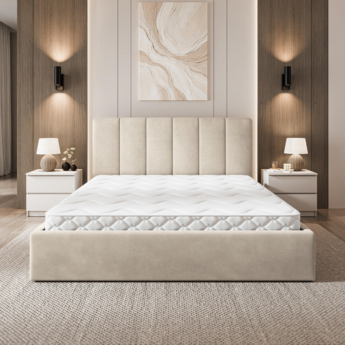 POLSTERBETT NEMIS 180x200 cm mit Bettkästen - Beige - Beige, Holz (180/200cm) - MASSENO