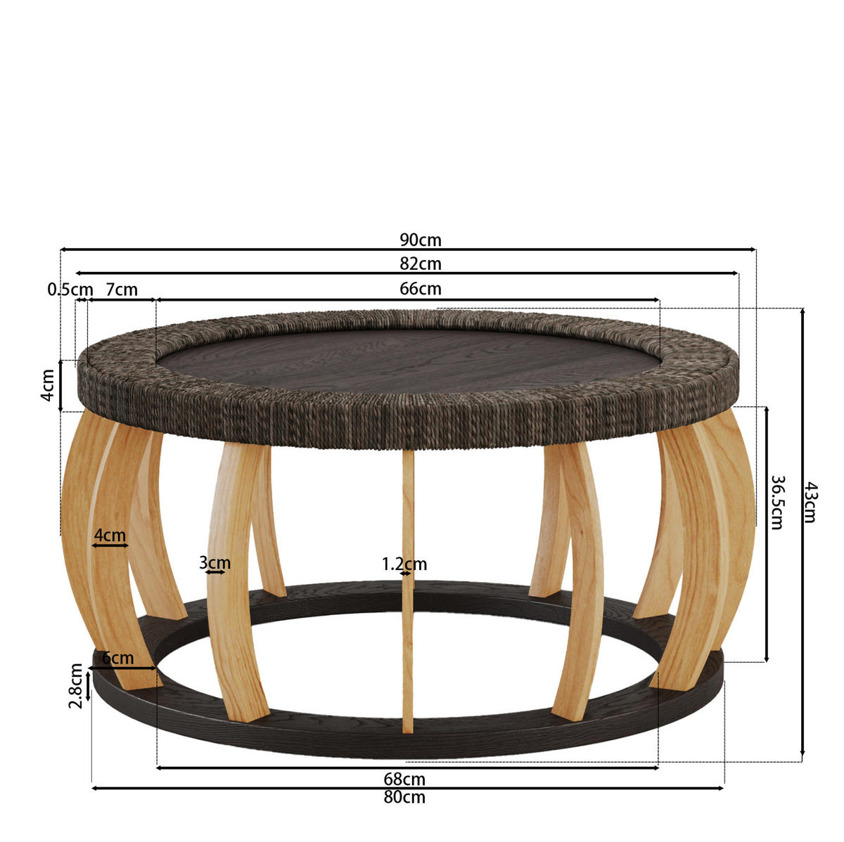 COUCHTISCH 90/90/43 cm aus Massivholz und MDF mit runder Tischplatte und Rattandetail, Schwarzbraun - Schwarz, Holzwerkstoff (90/90/43cm) - Modfu