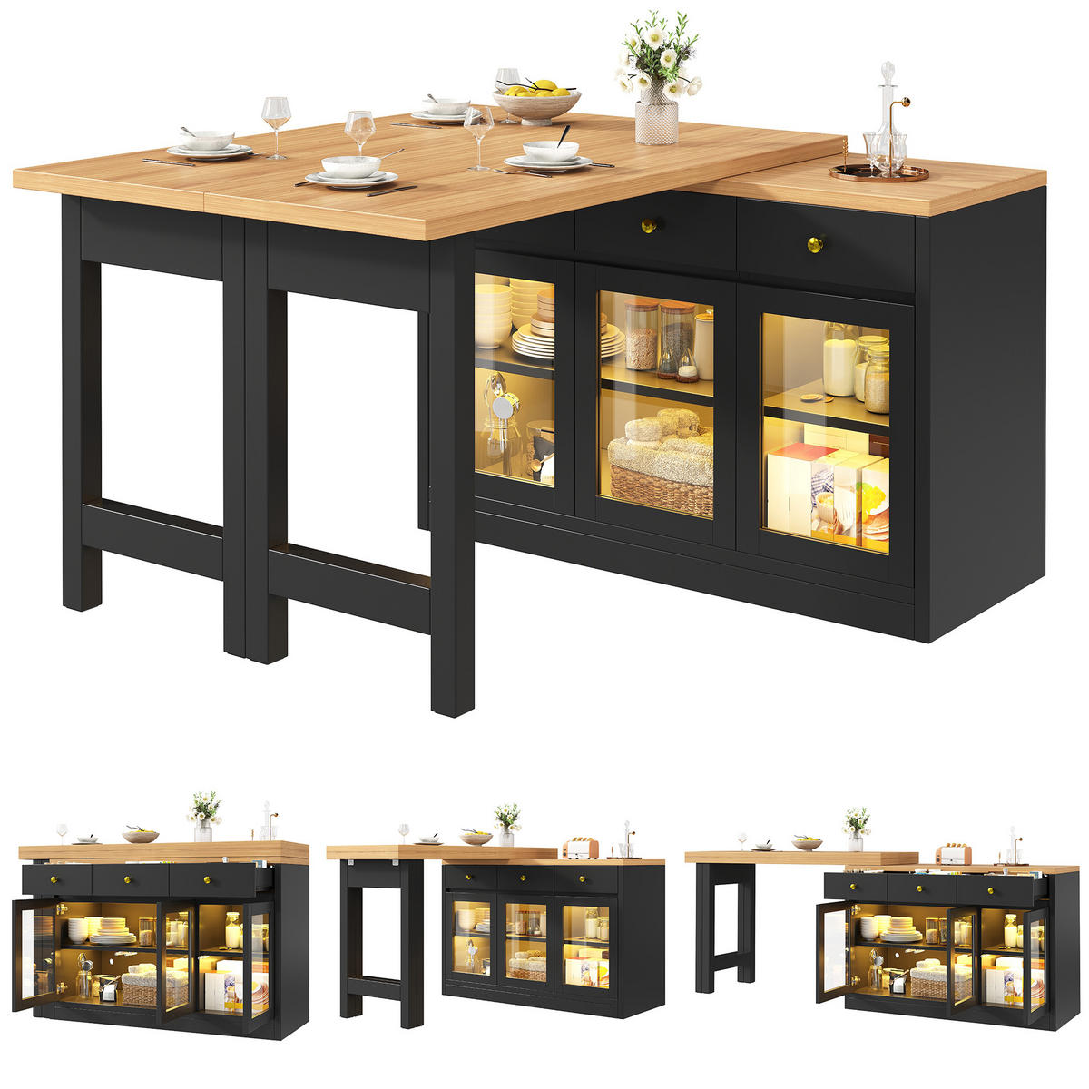 KÜCHENINSEL ausziehbar 120-200/40/75,5 cm mit LED DE-39587 Schwarz - Schwarz, Holzwerkstoff (120/75.5/40cm) - ComfortXL