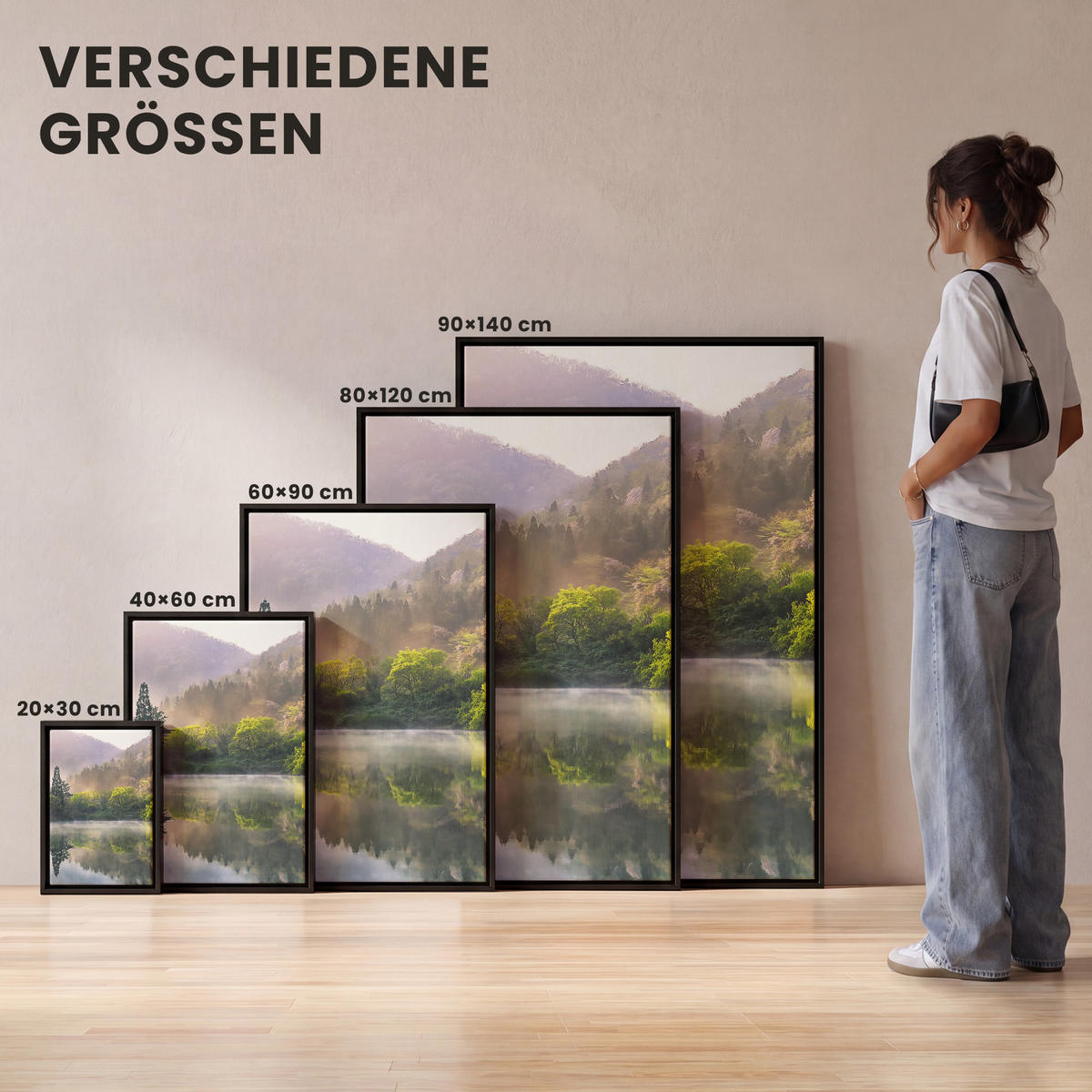 LEINWAND Bilder mit Rahmen - Natur - Bäume - Berge - See - Wasser - 100x150 - Hellgrün, Textil (100/150cm) - MuchoWow