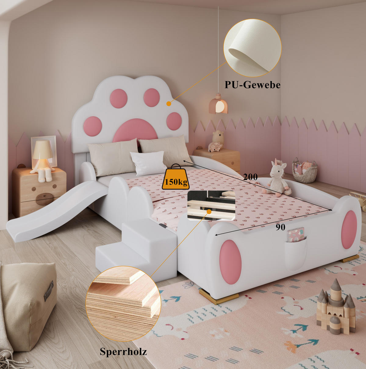 KINDERBETT 90/200 cm Weiß/Rosa aus PU mit Rutsche und Leiter - Pink, Kunststoff (90/200cm) - OKMYHOME