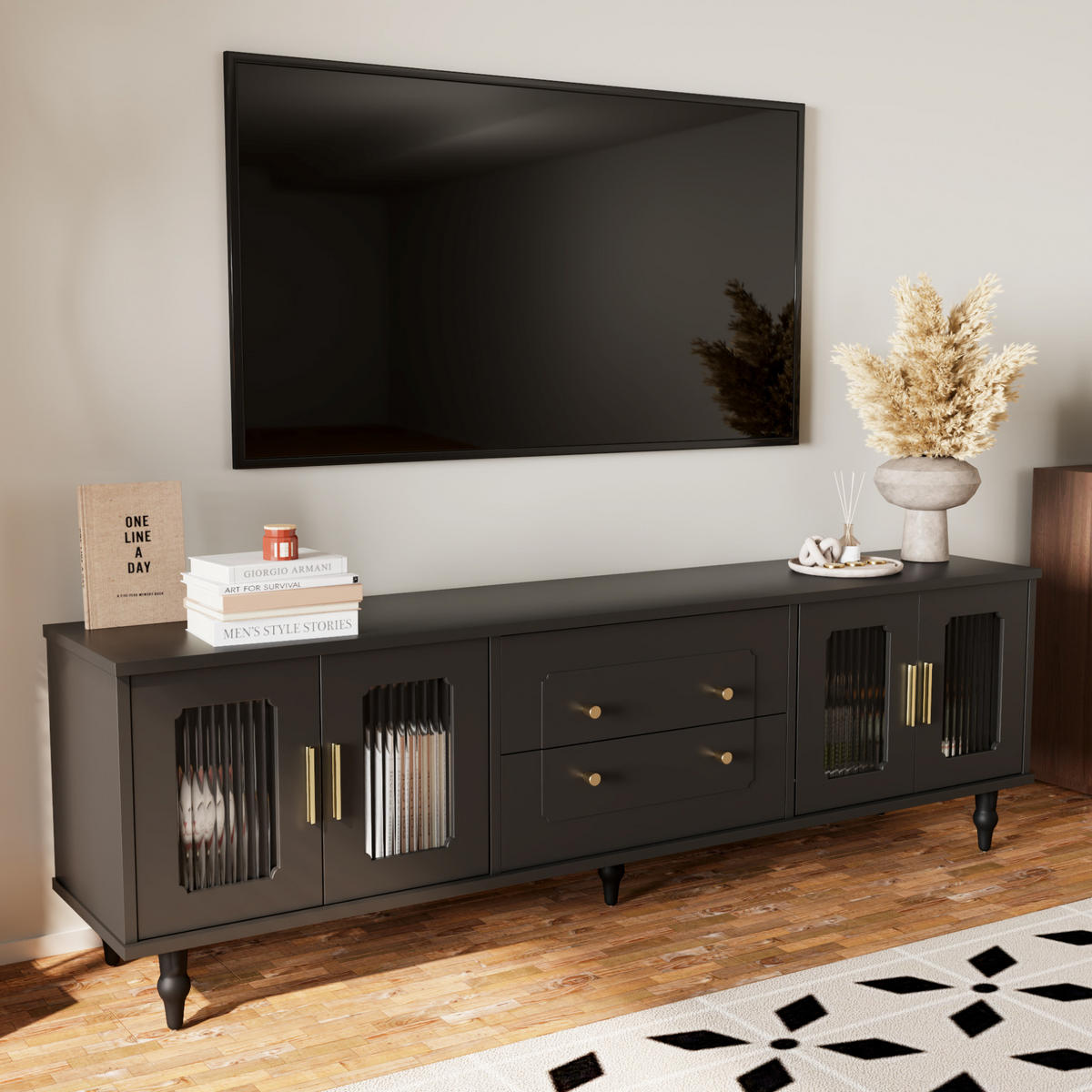 TV-SCHRANK in Schwarz mit geriffeltem Glas und Push-to-Open Funktion 175/38/55.5 cm - Schwarz, Holzwerkstoff (177/55.5/38cm) - Redom