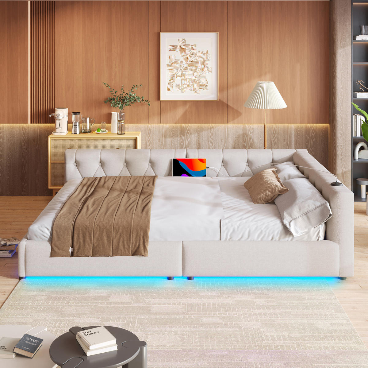 SCHLAFSOFA aus Leinen und MDF 140x200 cm Beige mit LED-Beleuchtung und USB-/Typ-C-Anschlüssen - Beige, Textil (140/200cm) - IVMEU