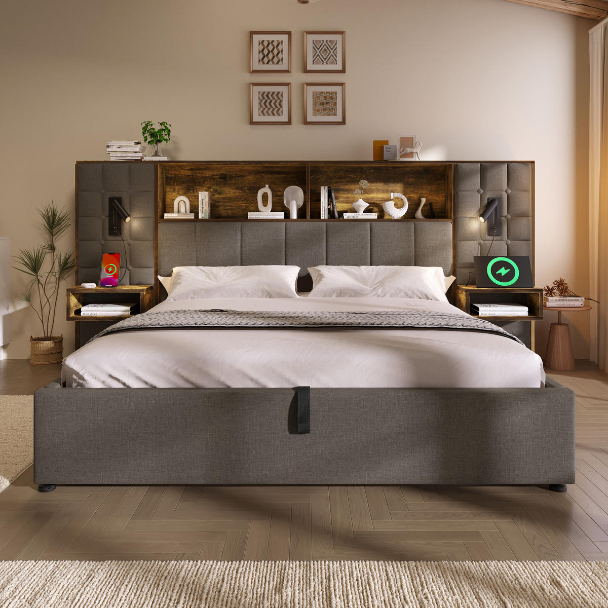POLSTERBETT 180/200 cm Grau mit LED, 2 Leselampen und 2 integrierte Nachttische - Grau, Textil (180/200cm) - Oxeza