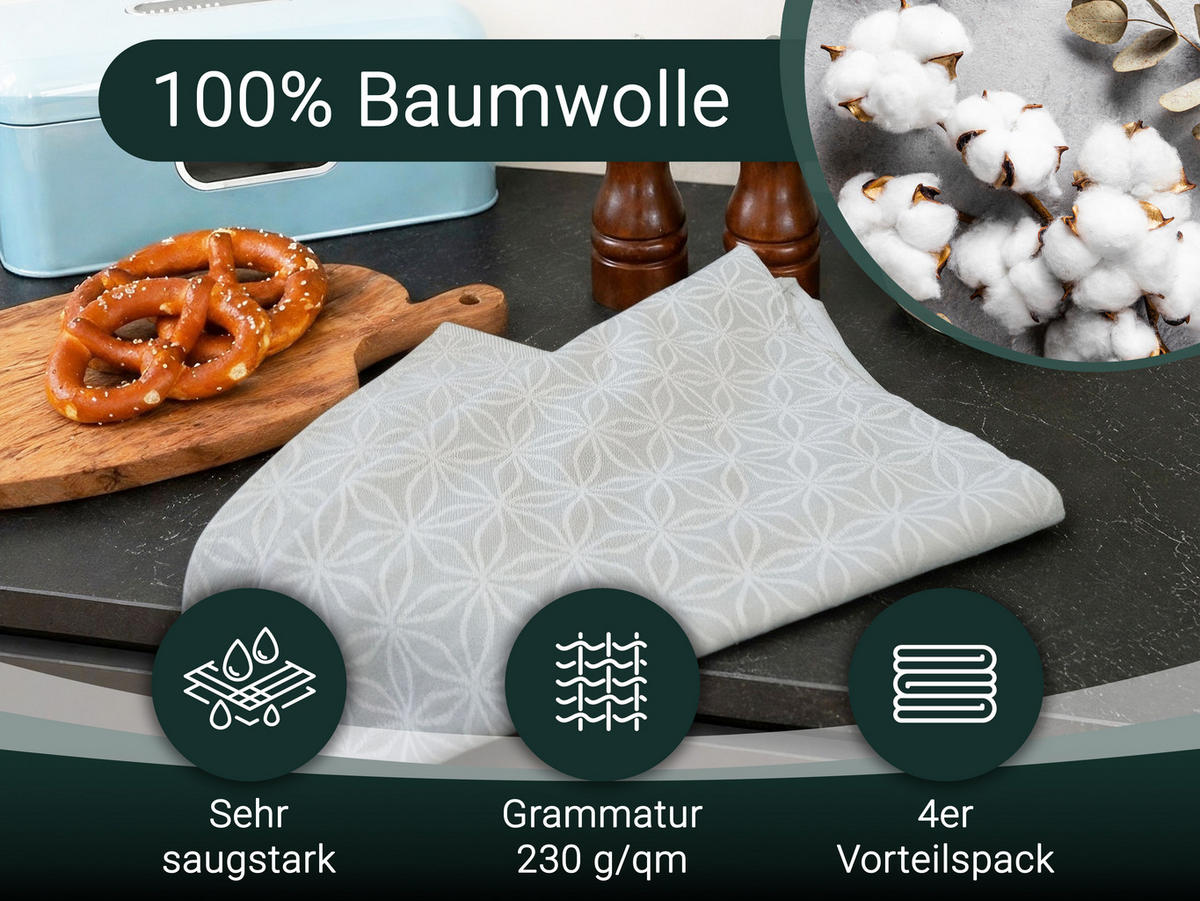 GESCHIRRTÜCHER, 4er-Set, 50x70 cm, 100% Baumwolle, Grau - Hellgrau, Textil (50/70cm) - Zollner