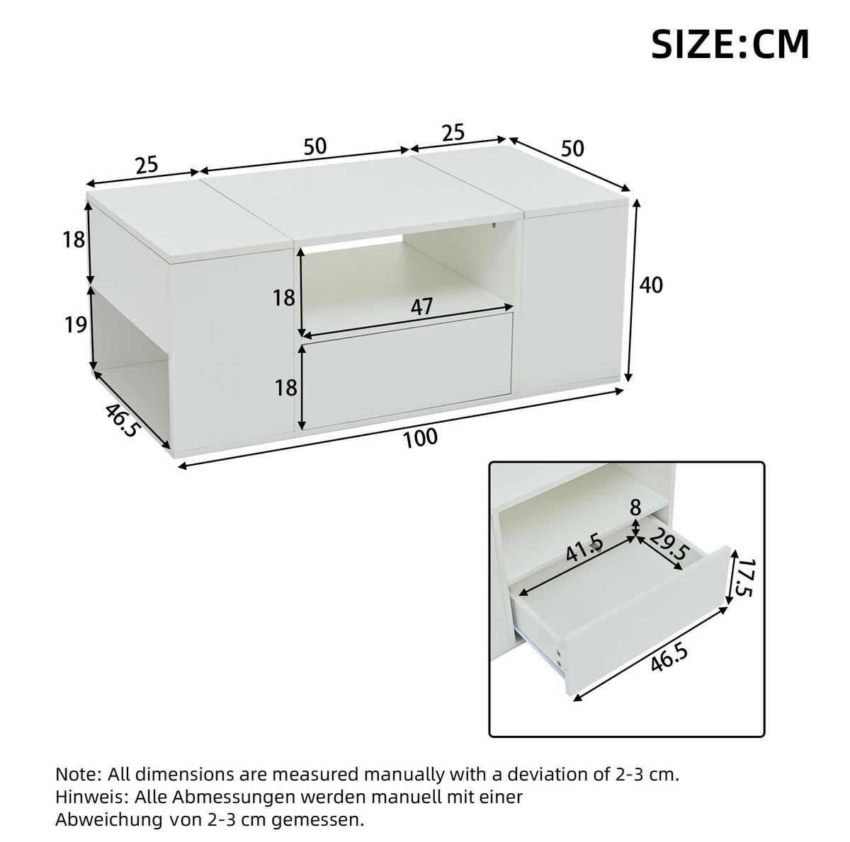 COUCHTISCH 100/50 cm mit LED-Beleuchtung, Schublade und 6 Staufächern - Weiß, Holzwerkstoff (100/50/40cm) - BEAOK