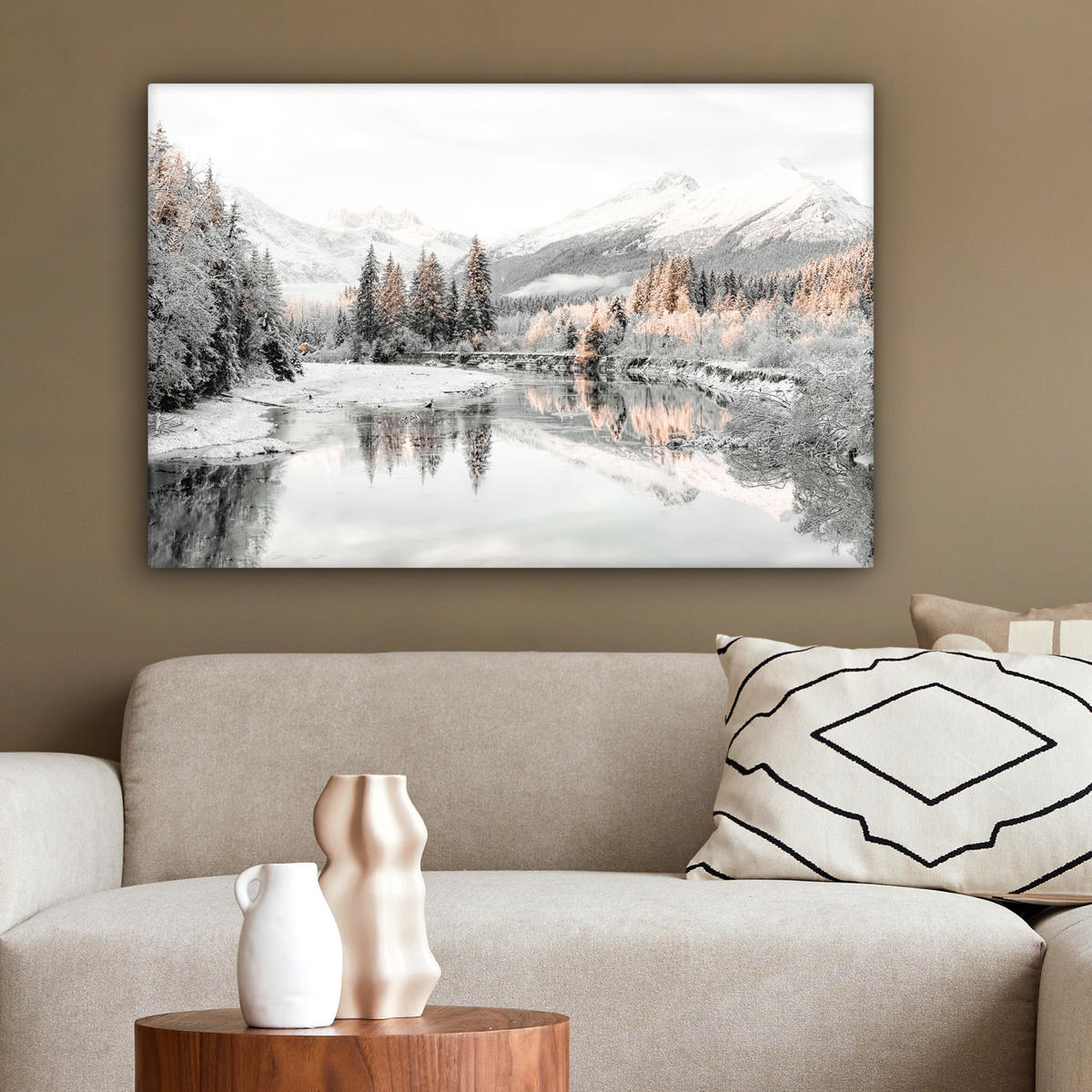 OBRAZ NA PLÁTNĚ Příroda - Zima - Stromy - Hory - Sníh 150x100 cm - vysoce lesklá bílá, textil (150/100cm) - MuchoWow