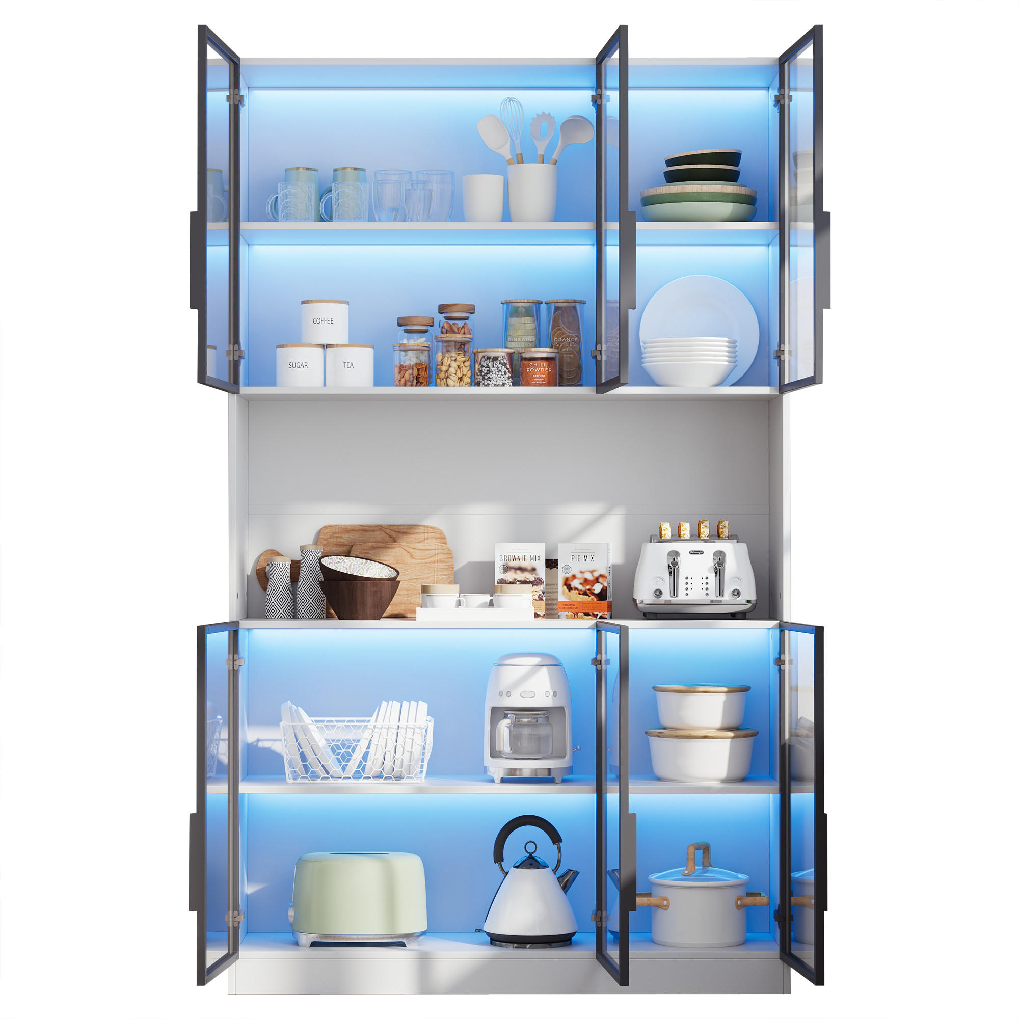 VITRINE 120/34/200 cm weiß aus MDF und Glas mit LED und 6 Türen - Weiß, Holzwerkstoff (120/200/34cm) - OKWISH