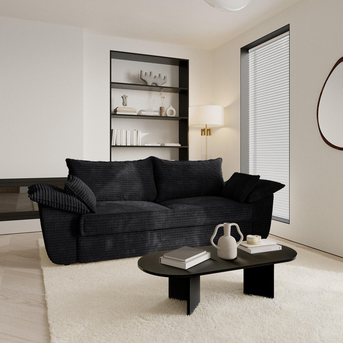 SOFA 3-Sitzer Gerippter Samt XXL Schwarz 232cm - Schwarz, Textil (232/92/102cm) - Sia Home