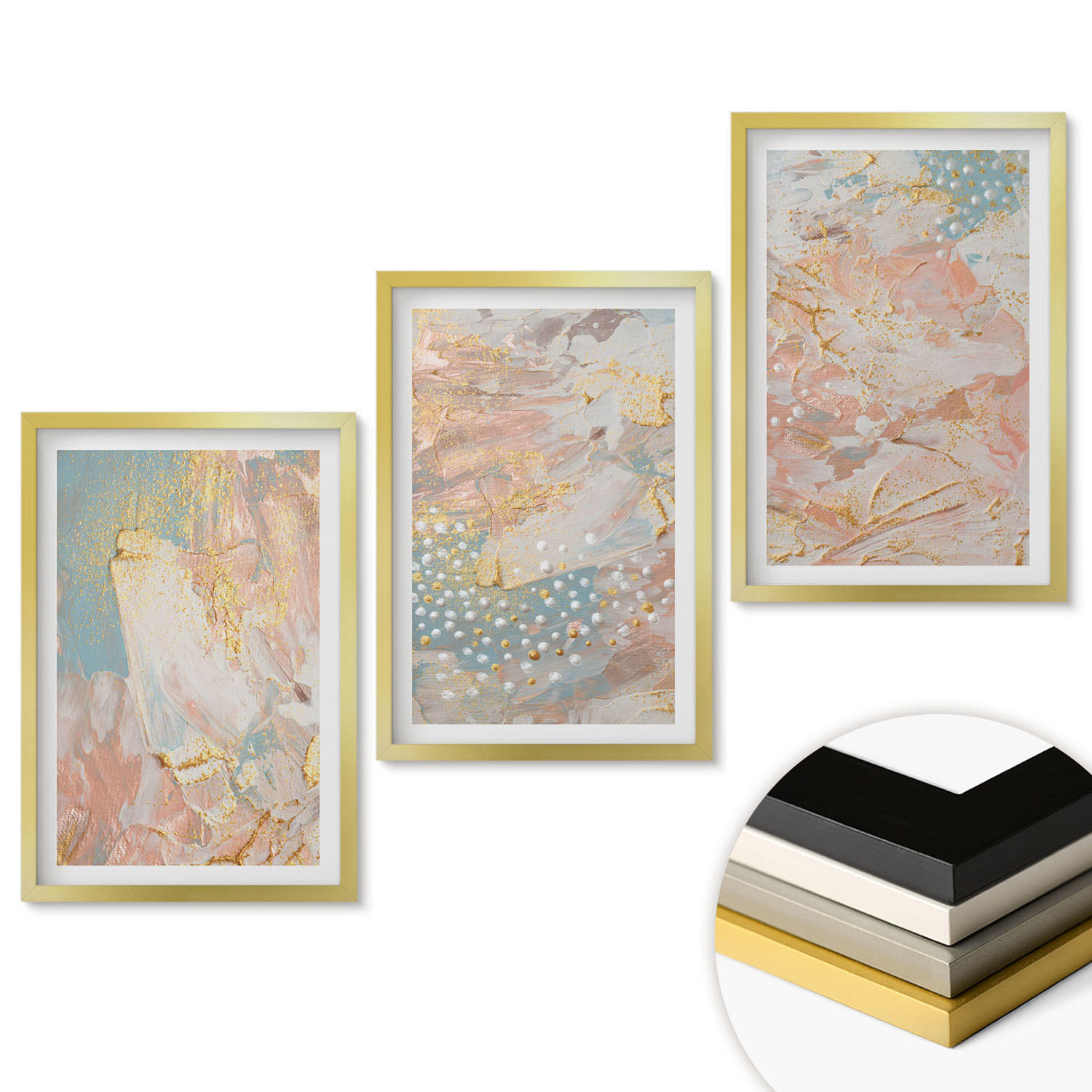 WANDBILDER 3er Set - 40x60 cm Goldrahmen - Abstrakte Pastellmuster - Goldfarben, Kunststoff (40/60cm) - ArtPrintCave