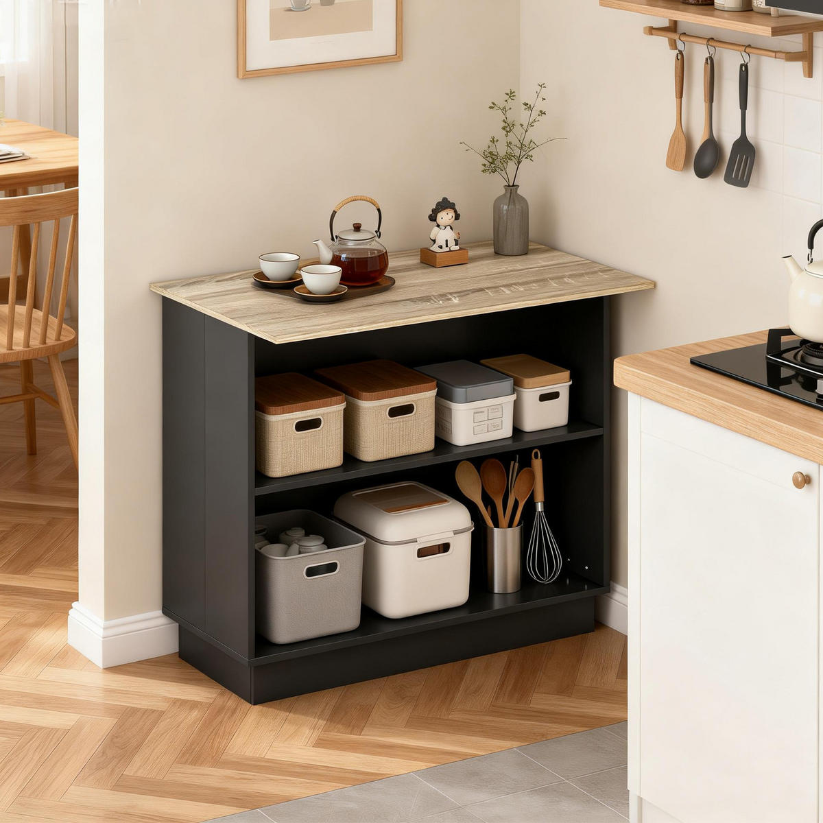KÜCHENINSEL DE-11081 Verstellbares Regal Schwarz - Schwarz, Holzwerkstoff (105/82/60cm) - ComfortXL