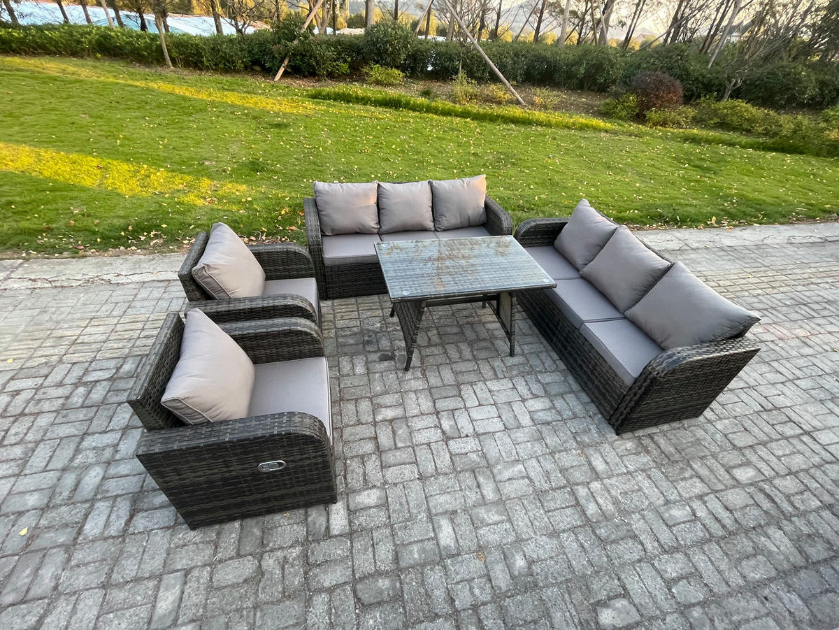 GARTENSET Hohe Rückenlehne Polyrattan 8-Sitzer - Dunkelgrau/Grau, Glas/Kunststoff - Fimous
