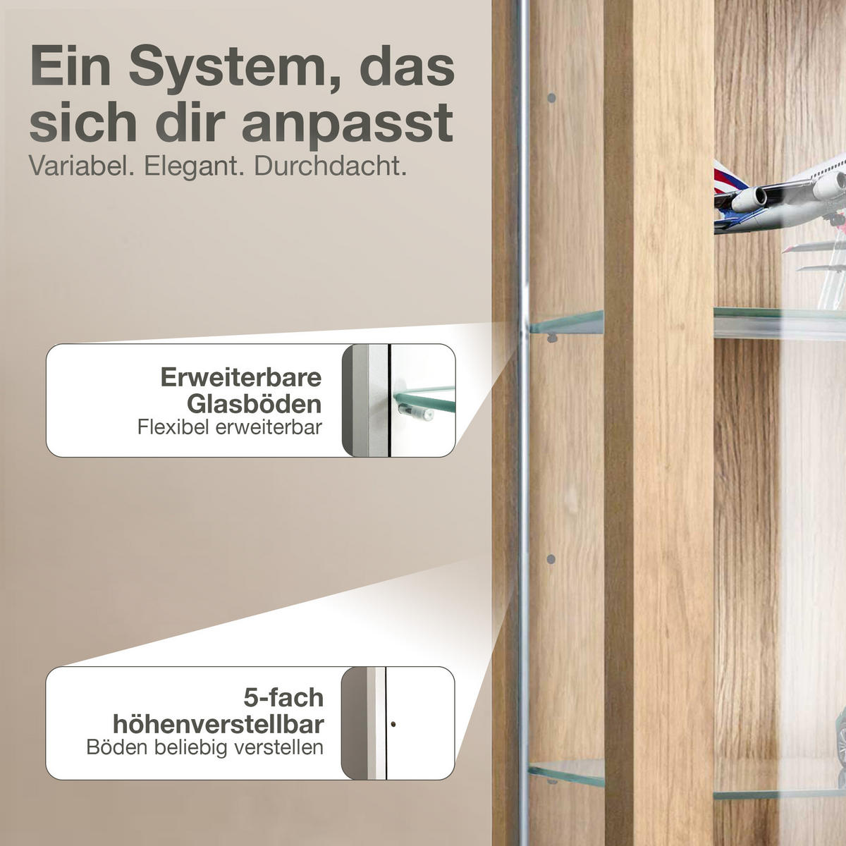 HÄNGEVITRINE 25/60/80 cm mit 2 höhenverstellbaren Glasböden - Transparent/Silberfarben, Glas/Holzwerkstoff (60/80/25cm) - K-Möbel