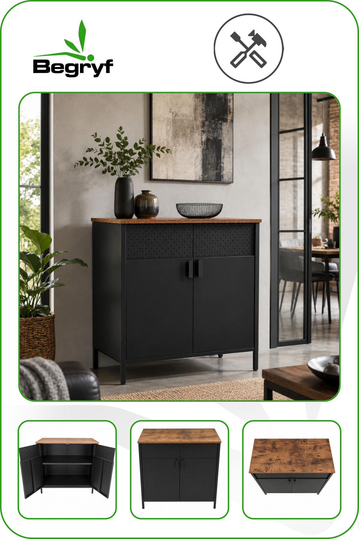 KOMMODE – Metall – Holzoptik – 2 Türen – höhenverstellbarer Einlegeboden – 80x40x84 cm - Dunkelbraun/Schwarz, Holzwerkstoff/Metall (80/84/40cm) - Begryf