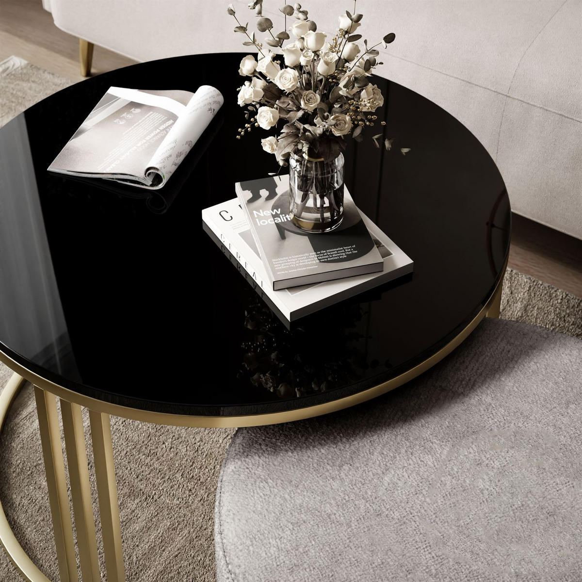 COUCHTISCH mit Hocker LORI Hochglanz gebürstetes Gold/Schwarz glänzend/Perfect Harmony 82 - Weiß, Metall (70/70/49cm) - Lookway
