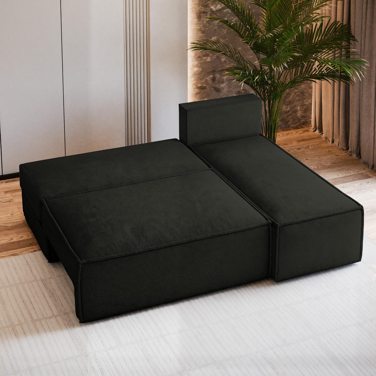 ECKSOFA BRISO M Schwarz Velours-Stoff mit Schlaffunktion - Schwarz, Holz (200/140cm) - MASSENO
