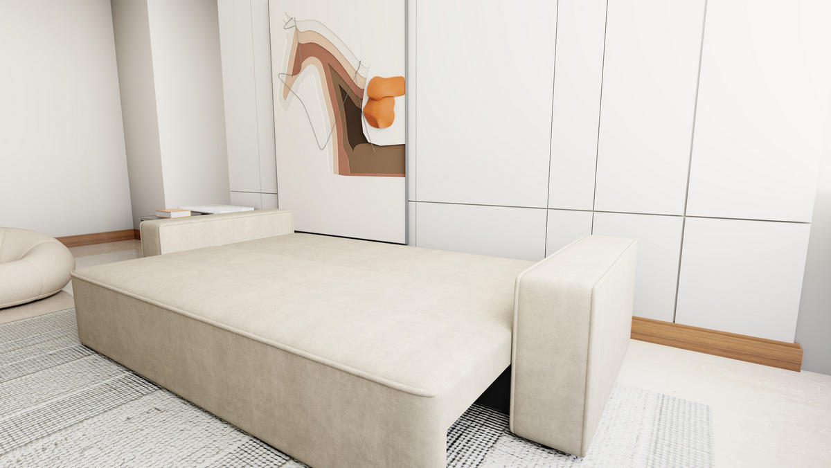 SOFA Veno mit Bettkasten und Schlaffunktion, Velourstoff - Beige, Holzwerkstoff (242/85/95cm)