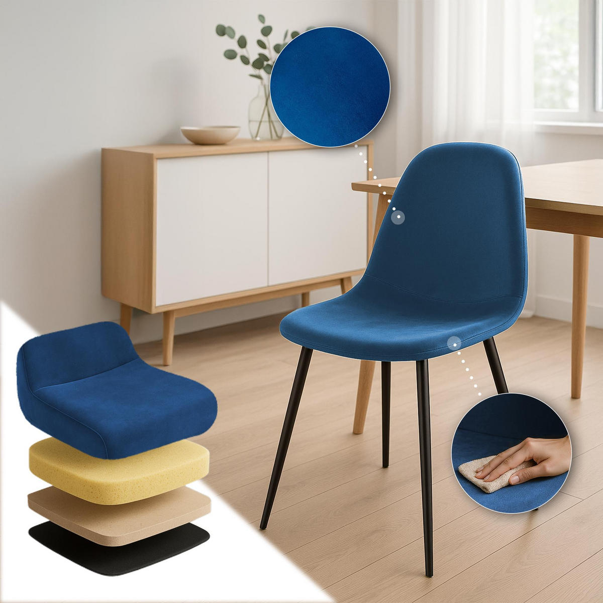STUHL Samt Blau - Blau/Schwarz, Textil/Metall (44/88/51cm) - CLP