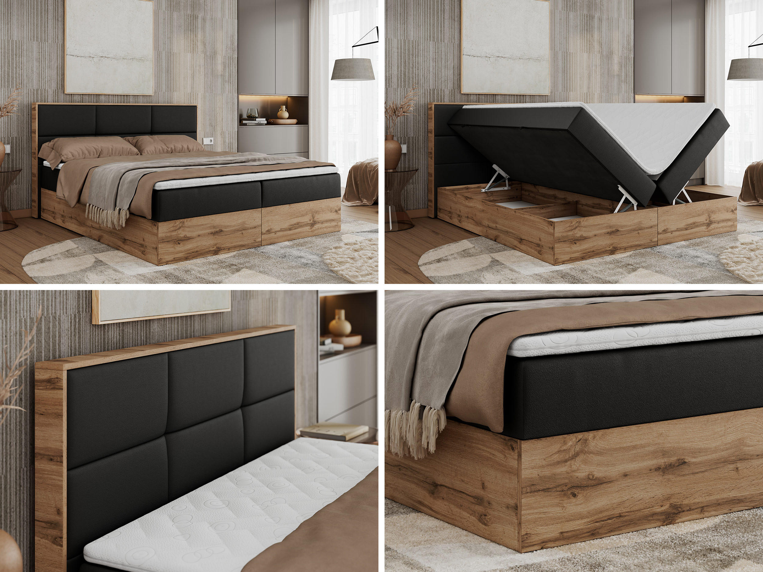 Thumbnail - MKS Boxbett, Schwarz, Textil, 2-Sitzer, H3, 7-Zonen, Rechteckig, 160x200 cm, Schlafzimmer, Betten, Boxspringbetten