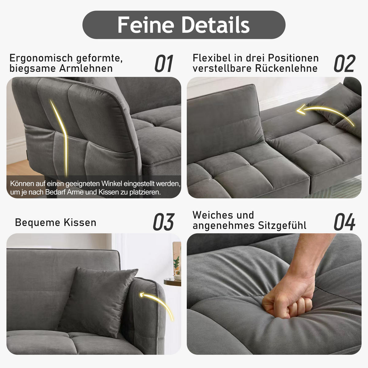 SCHLAFSOFA Samtbezug mit verstellbaren Rückenlehnen und klappbaren Armlehnen Antikgrau 176/78/76 cm - Grau, Textil (78/76/176cm) - Redom